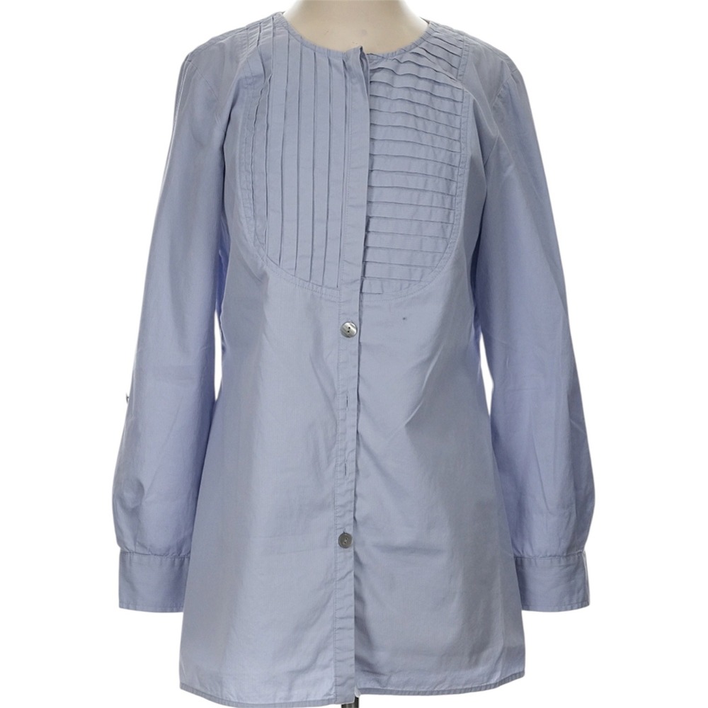 J. Jill Womens Light Blue Pleated Bib Cotton Button Down Roll Tab Tunic Top S